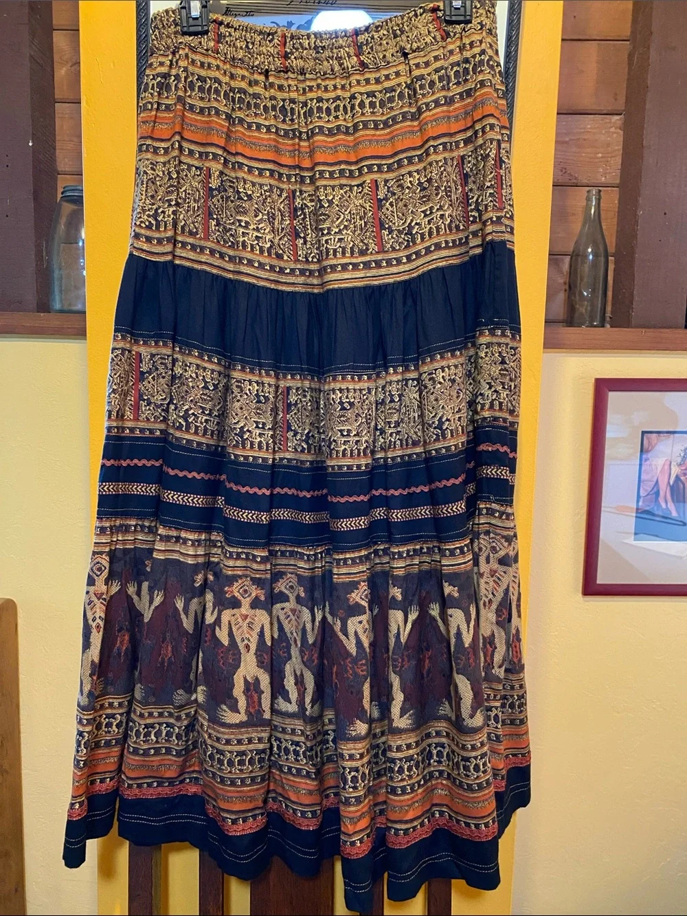 Vintage Rene Derhy Indian Tribal Print Tiered Rayon Maxi Skirt - Picture 2 of 6
